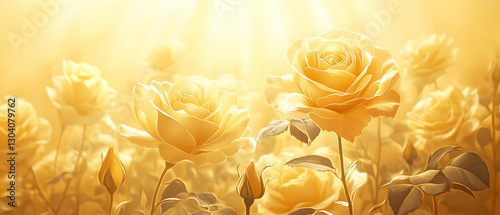 Fototapeta Naklejka Na Ścianę i Meble -  Golden roses garden, sunlight, bloom
