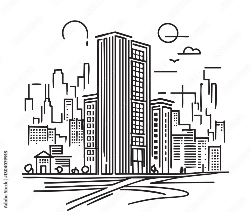 Obraz premium High rise building sketch. Line art