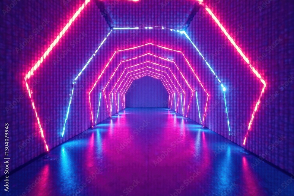 Fototapeta premium Abstract Neon Corridor Pink and Blue Geometric Light Patterns Reflecting on a Polished Floor
