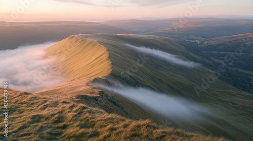 Serene Landscape at Sunrise Overrolling Green Hills and Low-Lying Fog in the Valley