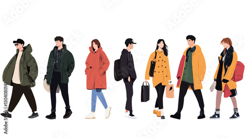 A digital illustration depicting a diverse group of eight individuals, each wearing a different winter coat. The figures are depicted from the knees up, walking in a horizontal line against