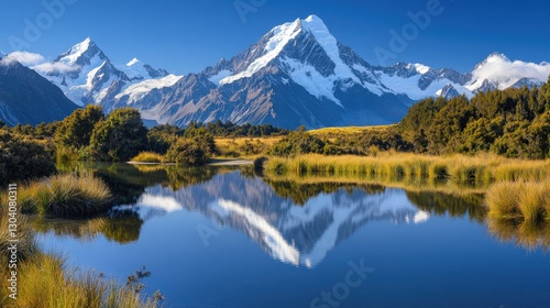 Stunning Mountain Landscape with Snow-Capped Peaks and Reflected Sky in Tranquil Lake