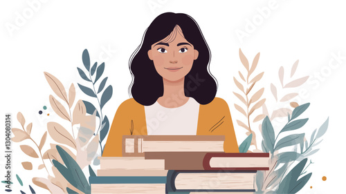 A vector illustration depicts a young woman with shoulder-length dark hair, wearing a mustard-yellow cardigan over a white shirt. She is positioned centrally, looking directly at the viewer