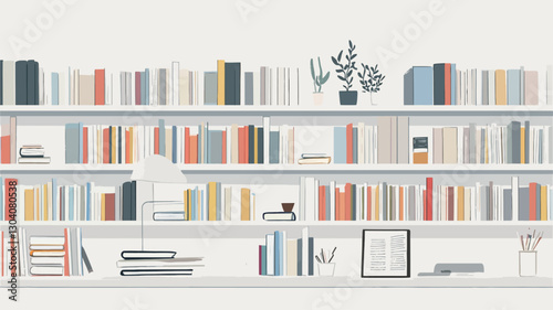 The image shows a digitally rendered illustration of a long, white bookshelf filled with numerous books of varying colors and sizes.  The books are neatly arranged, and the shelf is against