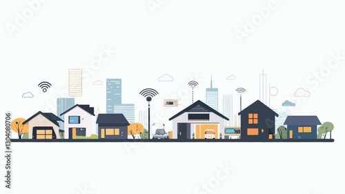 A digital illustration depicting a simplified, stylized cityscape.  The image features a row of houses and buildings in a suburban setting, rendered in a flat design style with minimal