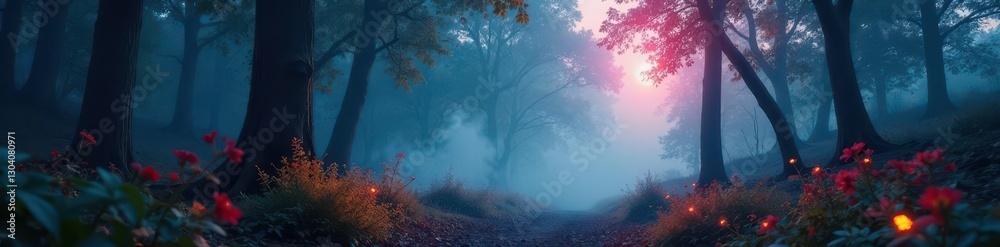 Fototapeta premium Glowing flora illuminates foggy forest, mystical scene , mist, plants, surreal