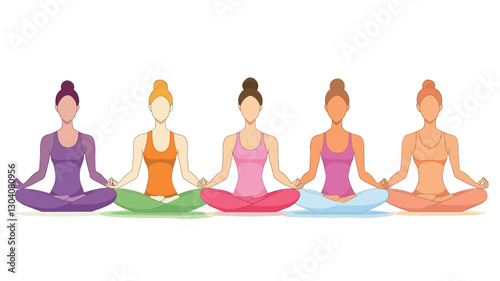 A digital illustration depicts five women of diverse skin tones sitting in a lotus position, meditating.  The women are depicted in a simplified, stylized manner, with flat coloring and