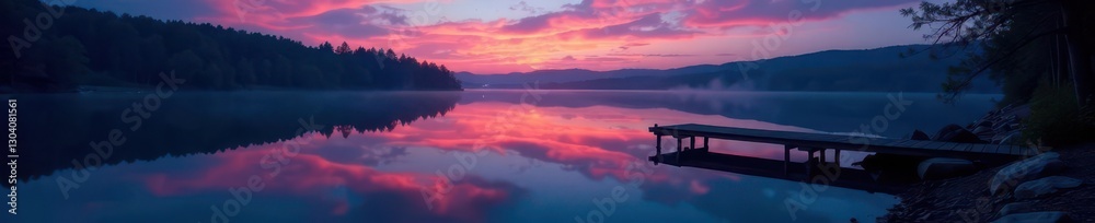 Naklejka premium Twilight lake, serene dock, night swim reflections, water, dock light