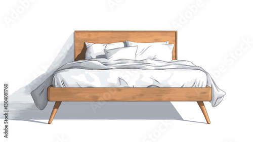 A frontal view of a mid-century modern style double bed. The bed frame is made of light-colored wood with slightly tapered legs.  The bedding is crisp white, including a comforter or duvet