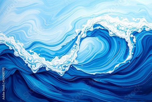 Abstract Close-Up of a Vivid Ocean Wave in Blue and White Colors