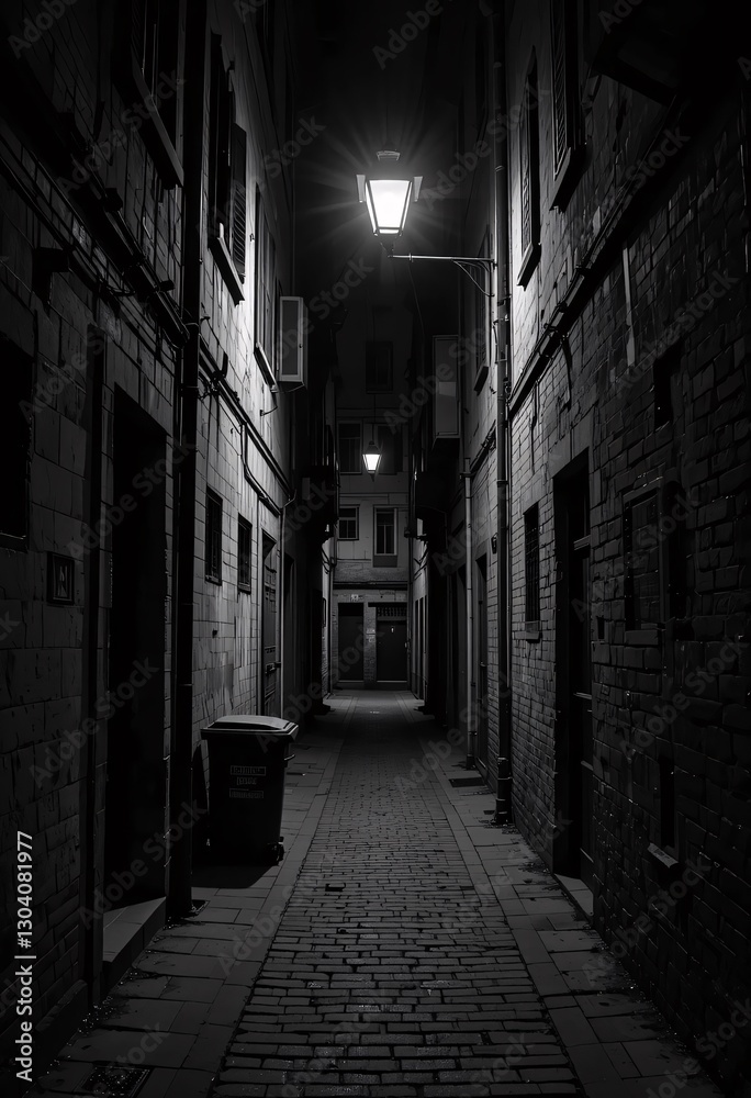 Obraz premium Atmospheric Alleyway At Twilight. Cobblestone Path, Weathered Brick Buildings And Vintage Lamps Cast Stark Shadows. A Timeless, Quiet Urban Landscape. The Solitude Enhances The Moody Environment.