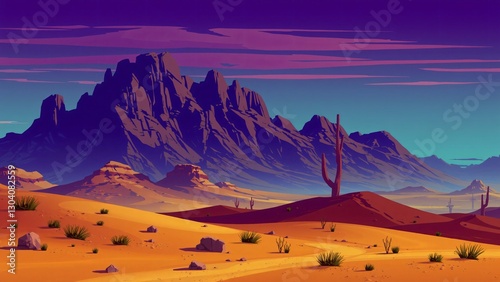 Vibrant Desert Landscape with Majestic Mountains at Sunset