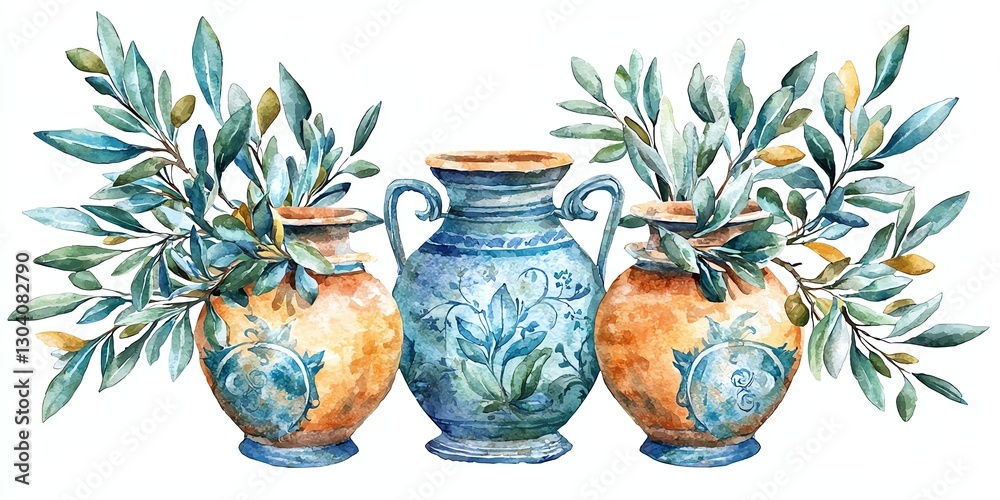 Delicate watercolor illustration of olive branches and ancient amphora, flowing colors, Greek heritage, ceremonial elements, isolated on white background Delicate watercolor illustration of olive branches and ancient amphora, flowing colors, Greek heritage, ceremonial elements, isolated on white background
