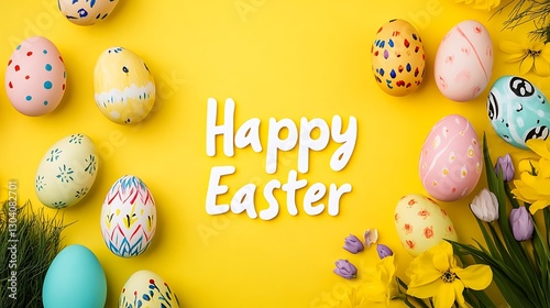 Festive Easter Eggs and Colorful Flowers Celebrating a Happy Easter