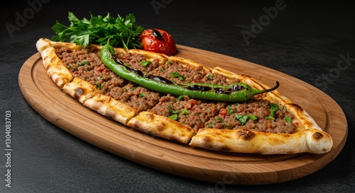 Turkish Kiymali Pide - Boat-shaped pita with minced meat, onions, tomatoes, and green peppers, baked to perfection with a slightly charred crust. Garnished with parsley and served on a wooden board
