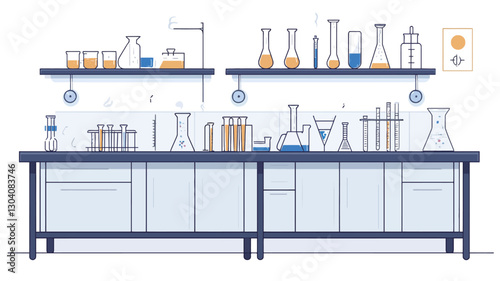The image is a vector illustration depicting a clean, organized laboratory workbench.  The workbench is dark-colored with light-colored cabinets underneath.  On the workbench are various