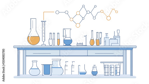 A line art illustration depicts a laboratory table with various scientific glassware, including beakers, flasks, and test tubes. Some glassware contains a light orange liquid.  Above the