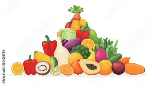 A digital illustration depicting a large pile of various fruits and vegetables arranged in a pyramid-like shape against a white background. The fruits and vegetables are realistically