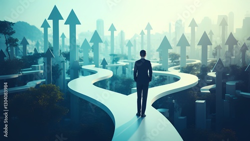 Navigating career paths in business growth urban landscape digital art futuristic atmosphere inspirational viewpoint personal development photo