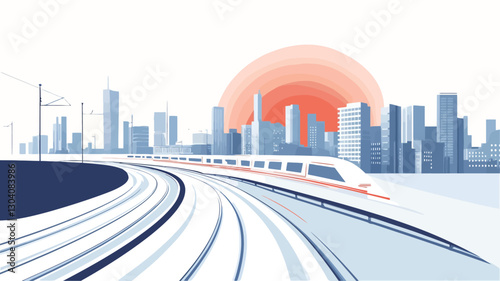 A stylized vector illustration depicting a high-speed train traveling on a curved track towards a modern cityscape at sunset. The train is rendered in shades of white and red, while the