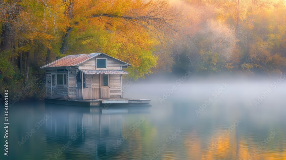 Fototapeta premium Tranquil Wooden Cabin on Calm Misty Lake Surrounded by Autumn Foliage