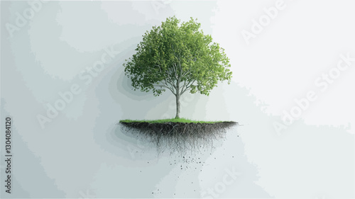 A digital illustration depicting a single, small, deciduous tree with lush green leaves situated on a small, rectangular patch of land.  The patch of land floats against a plain white