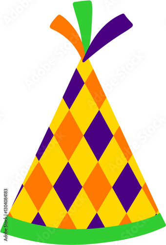 Mardi Gras Harlequin Patterned Party Hat Hand Drawn Vector Illustration