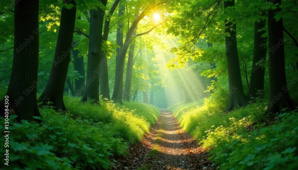 Obraz premium Sun-dappled green forest path, dappled light filtering through leaves, outdoor, path
