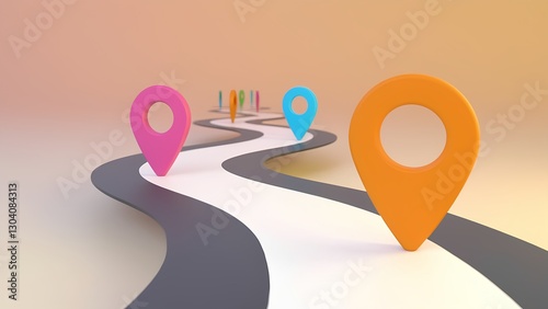 Exploring the journey of location markers along a winding road digital art abstract vibrant colors perspective navigation concept
