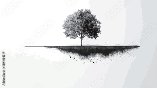 A minimalist black and white drawing of a single tree, rendered in graphite or charcoal. The tree is centrally positioned against a stark white background.  The drawing style is highly