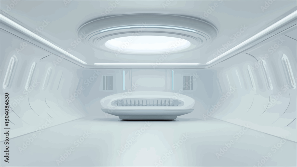 The image shows a digitally rendered interior scene of a futuristic room. The room is predominantly white, featuring smooth, curved walls and a low, oval-shaped seating element in the The image shows a digitally rendered interior scene of a futuristic room. The room is predominantly white, featuring smooth, curved walls and a low, oval-shaped seating element in the