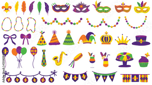 Mardi Gras parade elements. Fleur de lis banners, buntings, balloons, beads, feathers, masquerade masks, party hats, cocktail drinks, king cake, jester hats and more. Hand drawn vector illustrations.