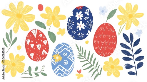 Colorful Easter Eggs and Bright Flowers in a Cheerful Spring Design