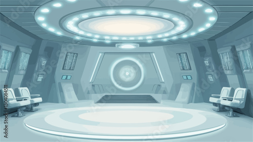 A digitally rendered image depicting a futuristic waiting room interior. The scene is dominated by smooth, curved surfaces in shades of white and light blue. The lighting is bright and