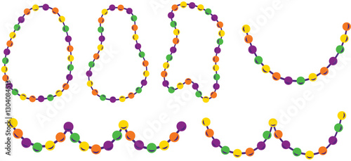 Decorative Mardi Gras bead necklaces and borders. Perfect for decorating posters, invitation cards, social media graphics and more. Hand drawn vector illustrations.