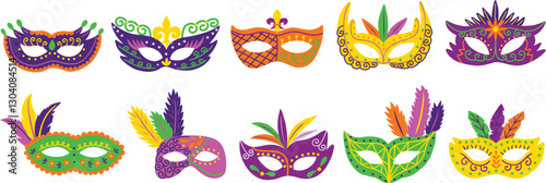 Assorted masquerade masks. Perfect for Mardi Gras, masquerade parties, and festive holidays and celebrations. Hand drawn vector illustrations.
