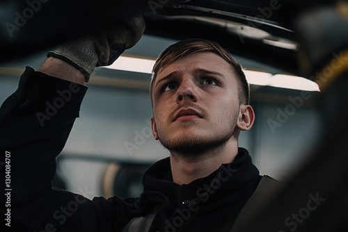 A young mechanic focuses on examining the underside of a vehicle in a bright workshop.
