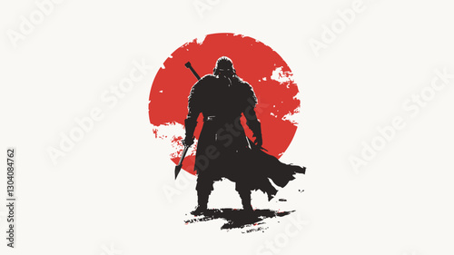 The image is a vector illustration featuring a minimalist silhouette of a warrior or samurai figure. The warrior is centrally positioned, holding what appears to be a sword, against a