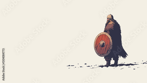 Digital illustration of a lone warrior figure, depicted from a slightly low angle.  The figure is centrally positioned against a mostly blank, off-white background. The warrior appears to