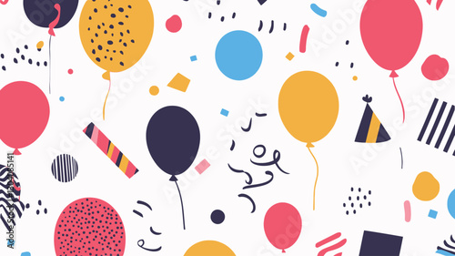 A seamless vector pattern featuring various sized and colored balloons, confetti pieces, and abstract shapes on a white background.  The balloons are predominantly red, pink, yellow, and