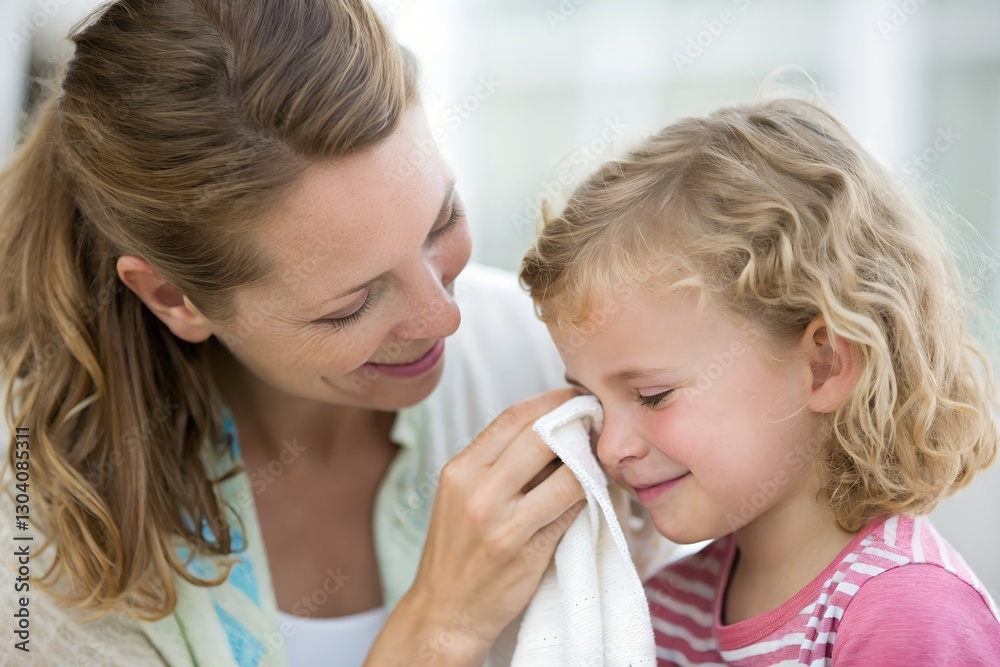 Minimalistic photo of a nanny wiping a child’s tears away, extreme close-up focusing on her reassuring smile, softly blurred background. Minimalistic photo of a nanny wiping a child’s tears away, extreme close-up focusing on her reassuring smile, softly blurred background.