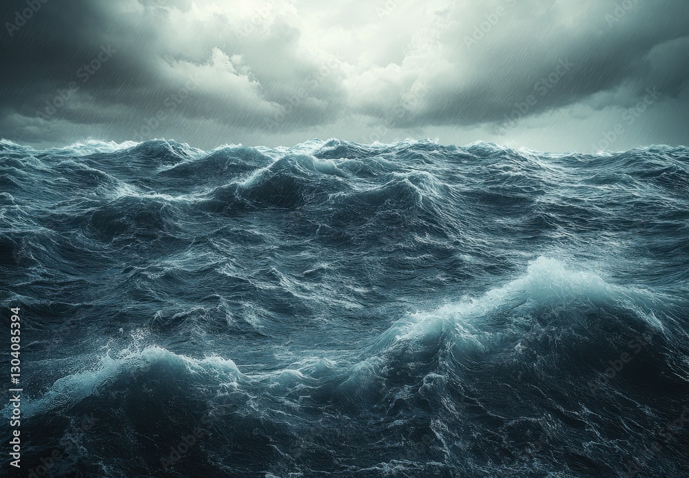 Dramatic Ocean Waves Under Dark Stormy Clouds with Turbulent Water Surface Creating a Captivating Seascape in Natural Light Dramatic Ocean Waves Under Dark Stormy Clouds with Turbulent Water Surface Creating a Captivating Seascape in Natural Light