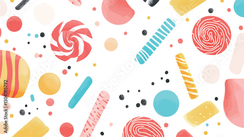 A digital illustration featuring a seamless pattern of various abstract shapes resembling candies and sweets in pastel and bright colors. The shapes include swirls, stripes, dots, and