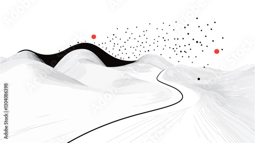 The image is a minimalist, abstract landscape rendered in black, white, and small red dots.  It depicts undulating hills or mountains in shades of white and black, with a thin black curving