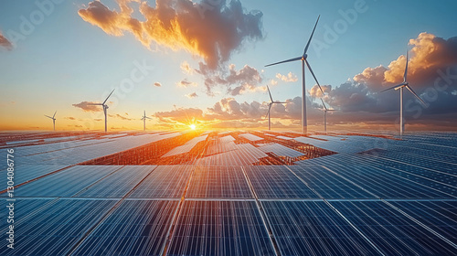Solar panels spread across the land reflect the orange glow of the sunrise, while wind turbines rotate gently in the background, symbolizing renewable energy and sustainability.