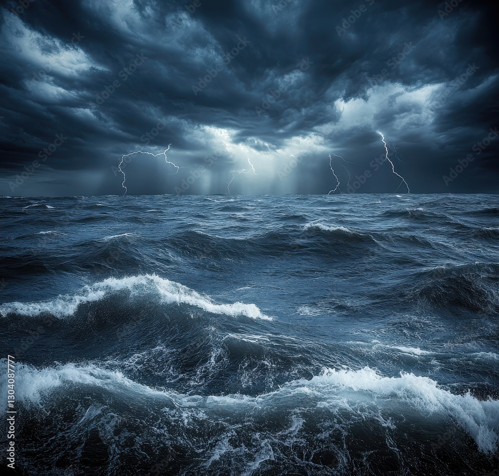 Fototapeta premium Dramatic Thunderstorm Over Rugged Ocean Waves with Dark Clouds and Flashing Lightning in an Intense Atmospheric Display of Nature's Power