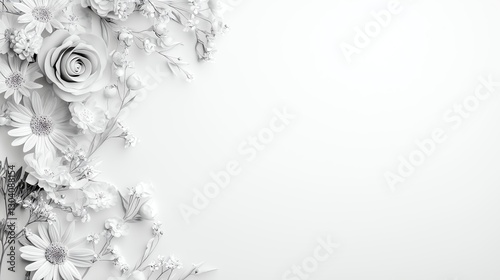 Elegant monochrome floral arrangement on a white background with roses and daisies.