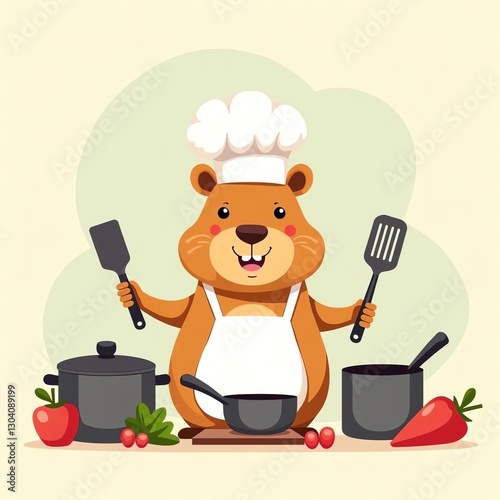 an image of a hamster chef with a pan and spatula, there is a bear that is cooking in a kitchen with utensils photo