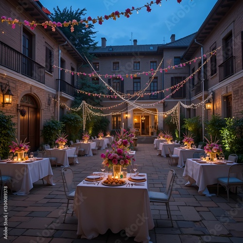 the courtyard was decorated with garlands to illuminate the tables
