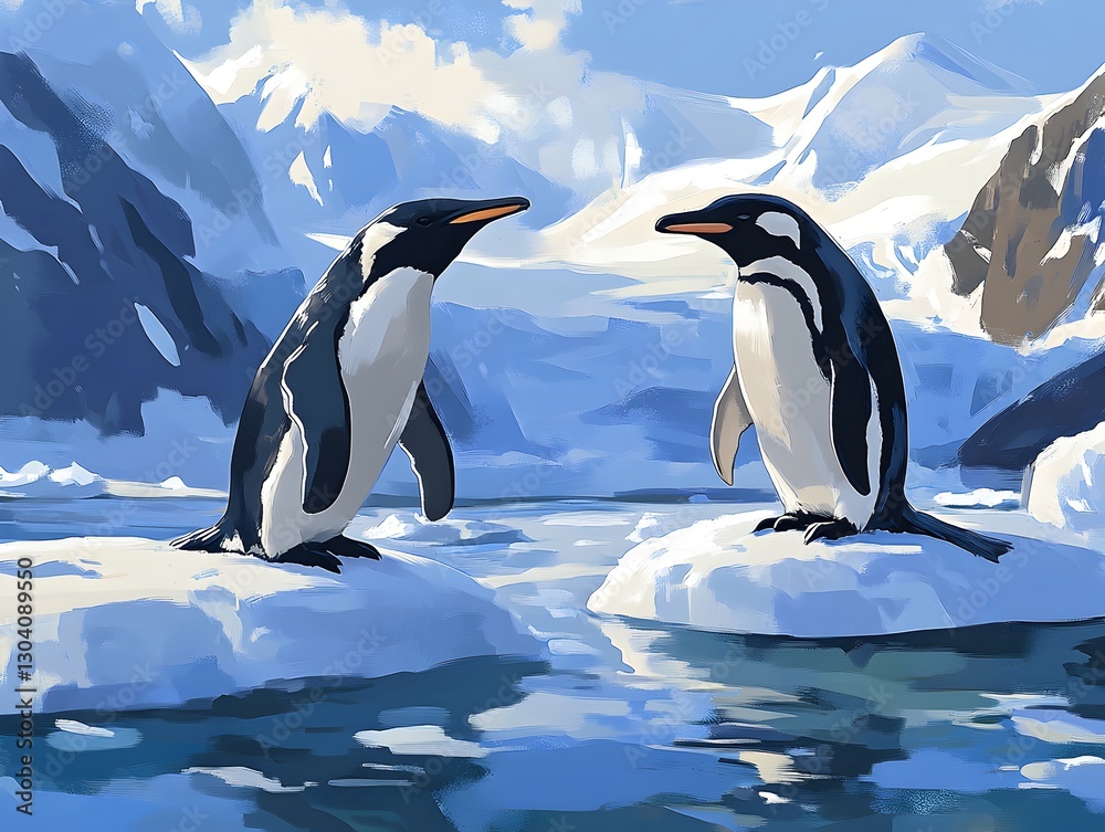Fototapeta premium Two charming penguins standing gracefully on a vast expanse of ice